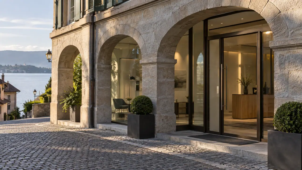 Illustrative Swiss office entrance in a historic lakeside town