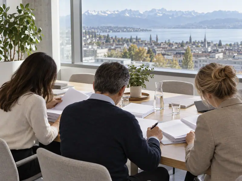 Illustrative scene of regulatory professionals reviewing a dossier